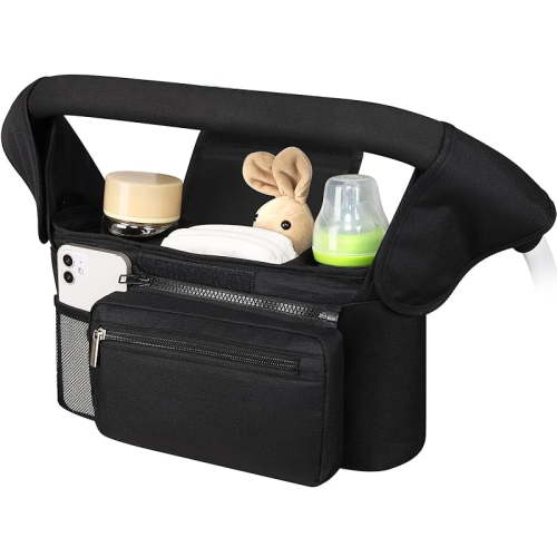Universal Stroller Organizer with Insulated Cup Holder Detachable Phone Bag and Shoulder Strap,Stroller Bag Caddy Organizer Fits for Uppababy, Baby Jogger, Britax Strollers