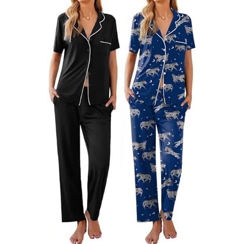 Ekouaer 2 Pack:Womens Pajamas Short Sleeve Pjs Notch Collar Button Up Loungewear Cozy Sleepwear Sets