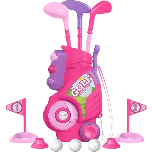 Liberry Toddler Golf Set for 1 2 3 4 5 Years Old, Upgraded Kids Golf Cart with Unique Shoulder Strap Design, Indoor and Outdoor Golf Toys for Boys Girls (Pink)