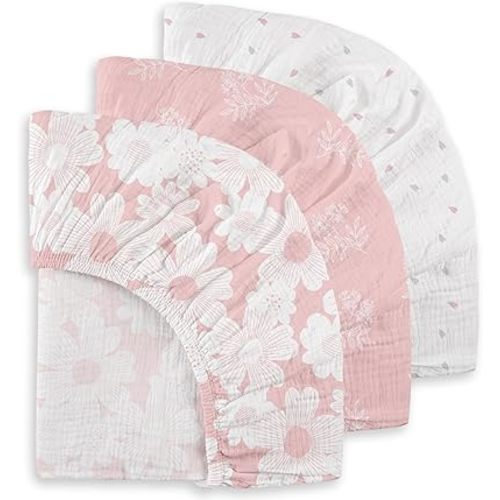 Gllquen Baby Muslin Mini Crib Sheets 3 Pack, Breathable Pack and Play Sheets Fitted Soft Cozy Cotton Pack N Play Sheets for Baby Boy Girls, Universal Fitted Mini Crib Mattresses 38"X26" (Pink)