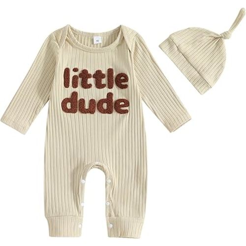 ZAXARRA Newborn Coming Home Baby Boy Outfits Little Dude Letter Print One Piece Rompers Long Sleeve Waffle Knit Fall Clothes