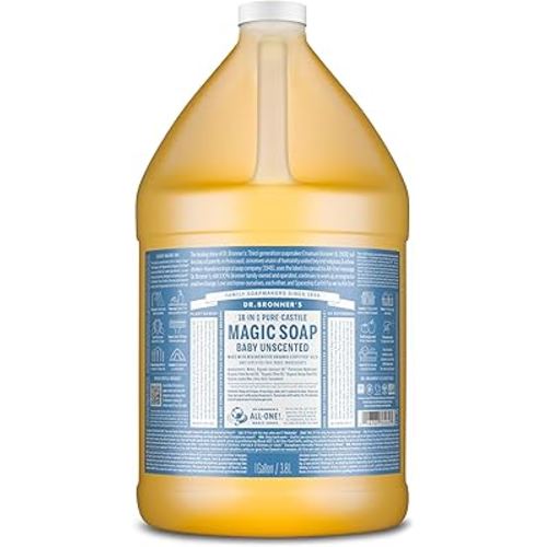 Dr. Bronner's Pure-Castile Magic Soap Liquid (Baby Unscented, 1 Gallon) – Made with Regenerative Organic Certified Oils- For Sensitive Skin, Babies, Face, Hair, Laundry, Dishes, Hand Soap & Body Wash