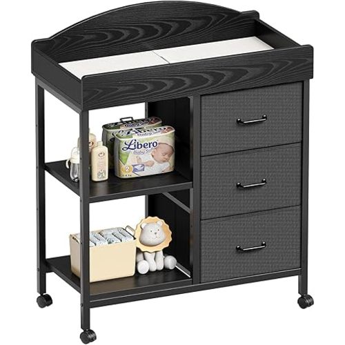 Changing Table Dresser, Baby Dresser with 3 Fabric Drawers and 2 Shelves, Multi-Functional Baby Changing Table with Pad, Classic Nursery Dresser, Diaper Changing Station for Nursery, Black