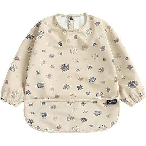 PewinGo Weaning Bib with Long Sleeves & BLW, Soft and Skin-Friendly Material, Coverall Bibs for Baby Feeding, Waterproof and Easy to Clean & Machine Washable,for Baby Infant Toddlers (Beige)