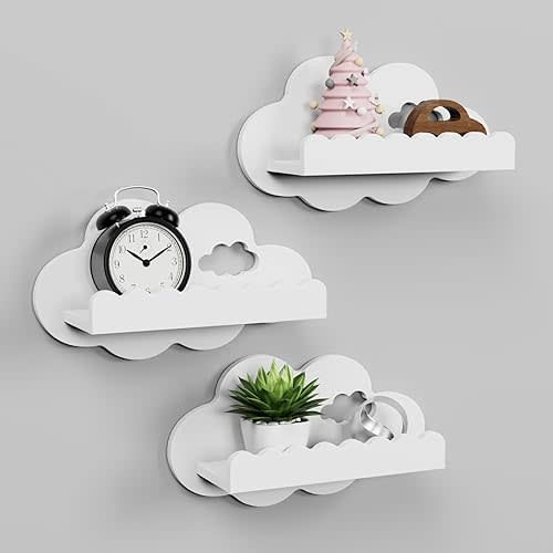 NACHES Floating Nursery Bookshelf Set of 3 Scalloped White Cloud Wood Wall Mounted Pictuer Ledge Shelf Kids Room Toy Hanging Rack Baby Toddler Child Boy Girl's Bedroom Living Room Palyroom Decor