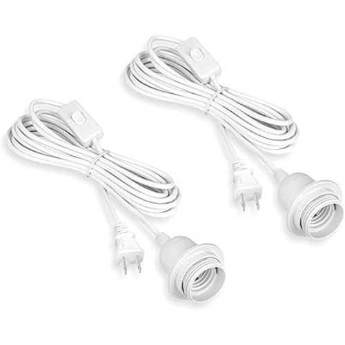 Plug in Pendant Light Socket Kit - 16Ft Hanging Light Lantern Cord Lamp Kit, E26/E27 Bulb Socket Extension Cord with On/Off Switch, Socket Rings, 2 Pack, White