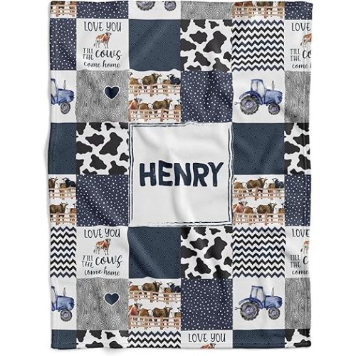 Personalized Cow Print Baby Blanket, Blue Sherpa Swaddle Blanket with Name, Farm Animal Design
