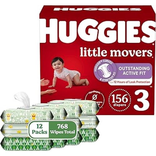 Huggies Little Movers + Wipes Bundle: Huggies Little Movers Baby Diapers, Size 3 (16-28 lbs), 156 Count (6 Packs of 26) & Huggies Natural Care Sensitive Baby Wipes, 768 Count (12 Packs of 64)