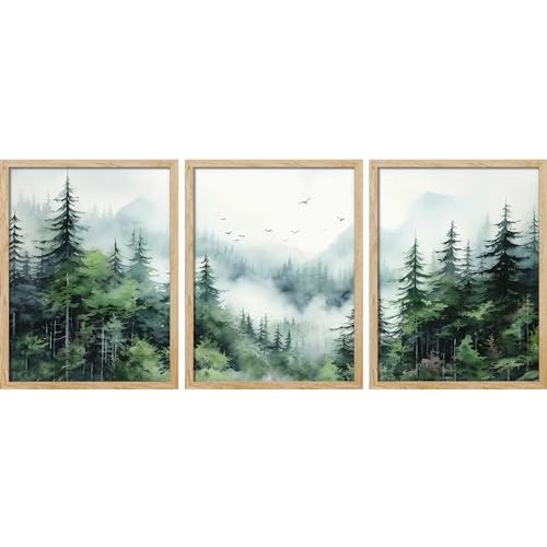 SIGNWIN Framed Poster Set Misty Forest Green Nature Mountain Landscape Wall Art Decor Wall Art for Living Room, Bedroom, Office - 12"x16"x 3 Natural