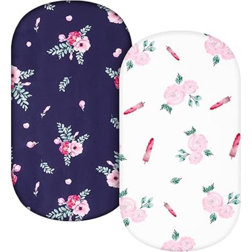 TILLYOU Baby Bassinet Sheets for Girls Boys, Fit for Hourglass Oval Rectangle Bassinet Mattress Sheets, 33”X16”, 2 Pack Floral Flowers