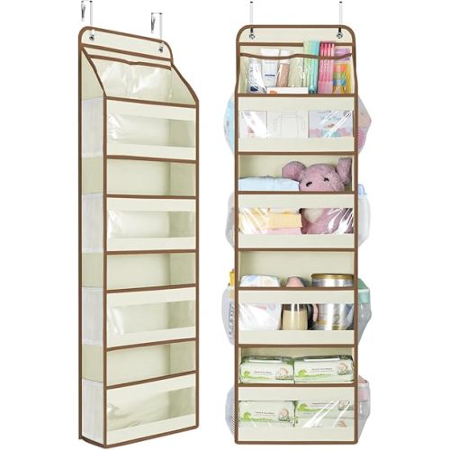 Yecaye 5 Tier 1Pc Over the Door Organizer, Swing-proof Door Organizer Hanging with Clear PVC Windows, Behind the Door Storage for Bedroom Nursery Closet Laundry Pantry Bathroom, Beige