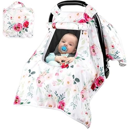 Car Seat Covers for Babies Girl, Winter Carseat Seat Cover for Newborns, Carseat Canopy Cozy & Warm Cover, Carrier Cover with Peep Windows, Pink Flower Rose