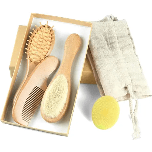 Baby Hair Brush and Comb Set (4-Piece) for Newborn - Wooden Baby Hairbrush Set，A Beechwood Brush, Baby Airbag Brush, Beech Handle Brush, and Prevent Cradle Cap Silicone Brush - Ideal Registry Gift