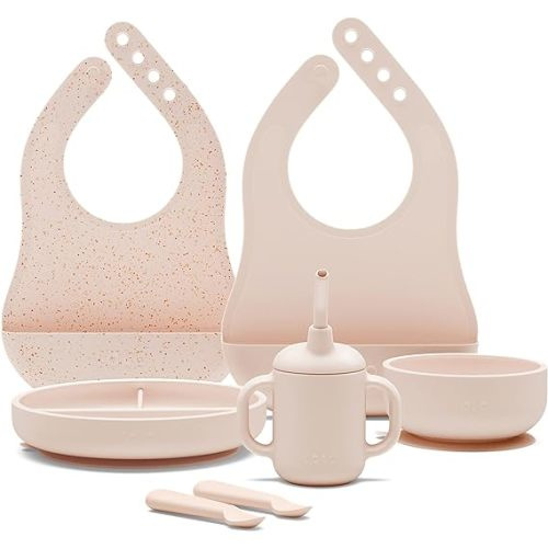Lalo First Bites Silicone Baby Feeding Set - Baby Led Weaning Supplies - Non-Toxic Silicone - Includes 2 Bibs, 2 Spoons, Training Cup, Suction Plate and Bowl - 6 Pieces - Grapefruit