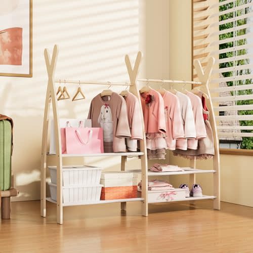 NACHES Kids Double Clothing Dress Up Rack Child Garment Clothes Storage Rack Little Girl Baby Costume Wardrobe Toddler Closet Hanging Rod Wood 2 Tier Bottom Storage Shelves Organizer