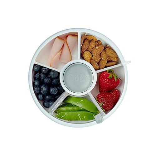 GoBe Kids Small Snack Spinner Flip Bundle with Hand Strap and Sticker Sheet - Reusable Snack Container with 5 Compartment Dispenser and Lid | BPA/PVC Free | Dishwasher Safe | No Spill- GoBe Grey