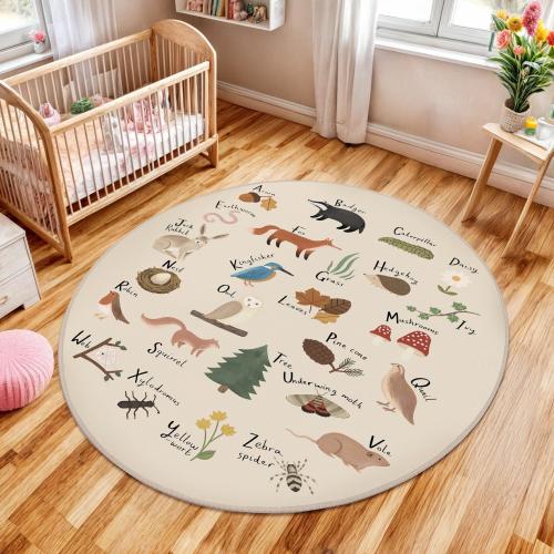 Round Alphabet Kids Room Rug-Animal Learning Nursery Rug-Nature Inspired Baby Room Rug-Educational Wildlife Round Playmat-Washable Kids Rug