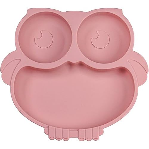 Silicone Baby Plate with Suction, Owl Shape Suction Plate for Toddler Kids, Baby Toddler Divided Dish, Pink