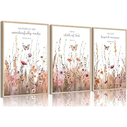 3pcs Bible Wildflower Wall Art Bible Verse Floral Pictures Wall Decor Christian Nursery Painting Prints Boho Wildflower Pictures Vintage Flower Canvas Posters for Girls Room Living Room Unframed