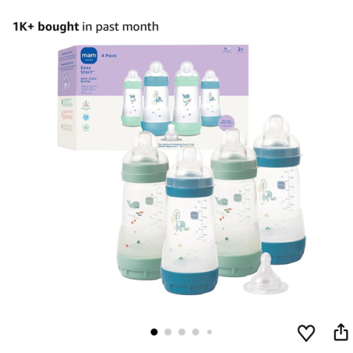 MAM 9oz Easy Start Anti-Colic Baby Bottles, Medium Flow with Bonus Fast Flow Nipple, Breastfeeding-Like Silicone, Reduces Colic and Gas, Easy-to-Clean, BPA-Free, 2 Plus Months