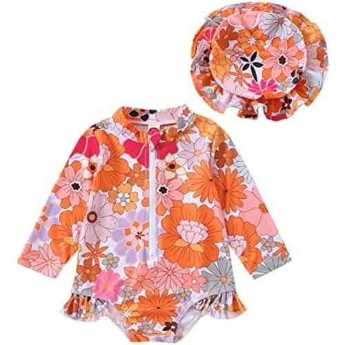 ZAXARRA Little Baby Girls Swimsuit One Piece Rash Guard Long Sleeve Zipper Ruffle Bathing Suit Toddler Summer Clothes