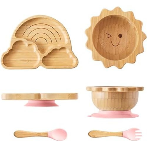Bamboo Suction Plates Bowls Set for Baby Toddler Divided Platter Food bowl with Silicone Fork & Spoon All-Natural Baby Feeding Set for Baby-Led Weaning, Non-Slip Design