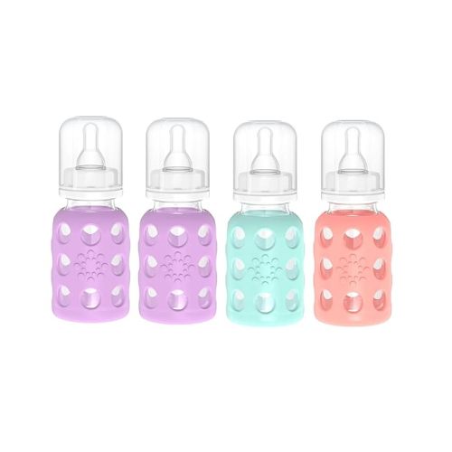 Lifefactory Glass Baby Bottle BPA Free | Protective Silicone Sleeve | 4 oz Pack of 4 | 2- Lavender, 1- Mint, 1- Cantaloupe