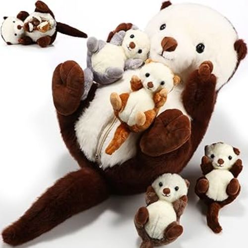 5 Pcs Sea Otter Stuffed Animals Set 16.5 Inch Mommy Sea Otter Plush with 4 Cute Babies in Her Belly Soft Cuddly Zippered Sea Otter Plushie for Boys Girls Birthday Christmas Party Favor Gifts