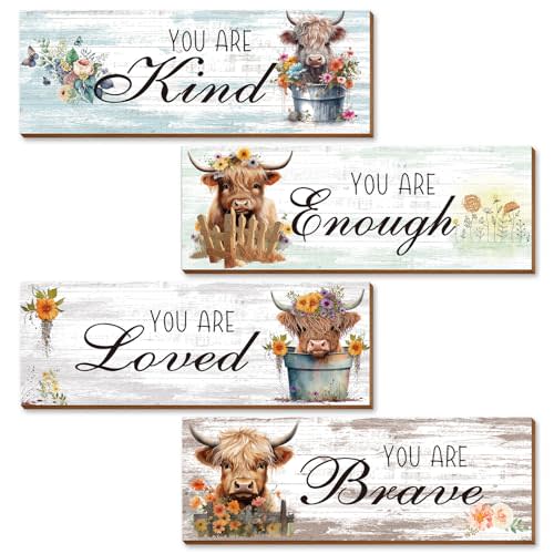 Thrist Highland Cow Decor Wall Art 4PCS Wooden Inspirational Farmhouse Wall Art Picture Print Painting Loved Brave Kind Enough Positive Quotes Highland Cow Decor for Bathroom Bedroom Living Room
