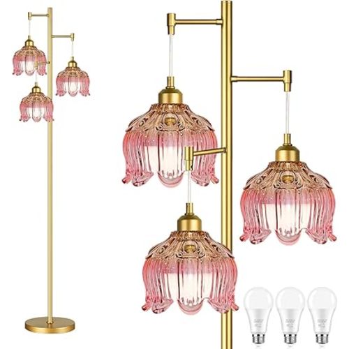 Pink Floor Lamp for Living Room,Bedroom,Gold Mid Century Modern Standing Lamp Brass Tree 3 Light Tall Floor Lamps Vintage Retro Floor Lights Glass Flower Lamp Shade Girls Kids Boho Bohemian