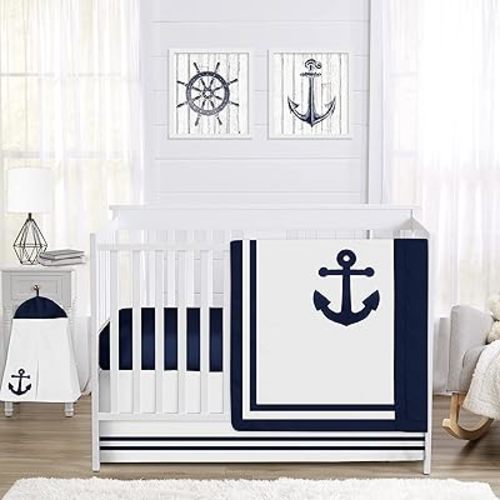 Sweet Jojo Designs Nautical Anchor Baby Boy or Girl Nursery Crib Bedding Set - 4 pieces - Navy Blue and White Gender Neutral