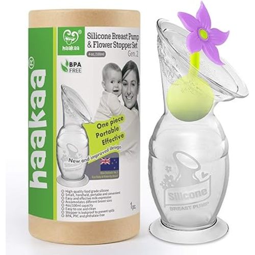 haakaa Manual Breast Pump with Suction Bottom and Purple Stopper (4oz/100ml)