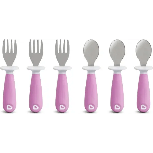 Munchkin® Raise™ Toddler Fork and Spoon Utensil Set, Rest Keeps Tip Off Table, BPA Free, 6 Pack, Purple