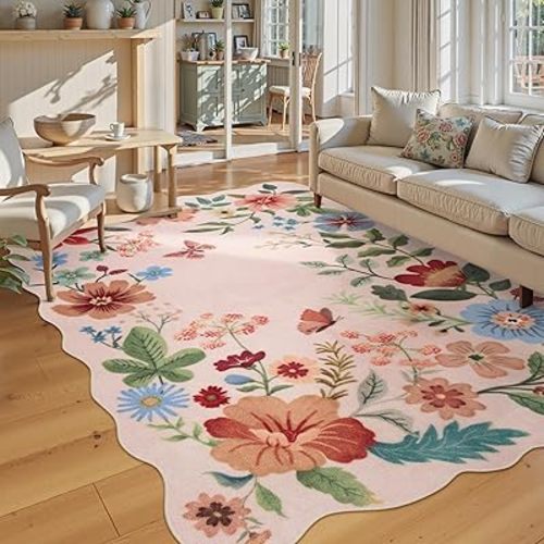 Lahome Floral Living Room Rugs, Pink Area Rugs 5x7 Rug for Bedroom Ultra-Thin Soft Non-Slip Washable Rugs Stain Resistant Throw Boho Carpet for ‎‎Nursery Playroom Classroom, Light Pink
