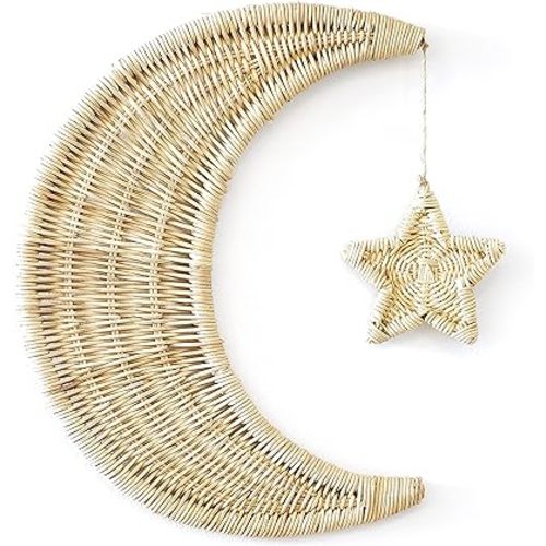 BEBE BASK Handmade Rattan Moon Wall Decor with Star - Star Decor - 100% Natural Organic Rattan Moon Decor for The Boho Home Decor