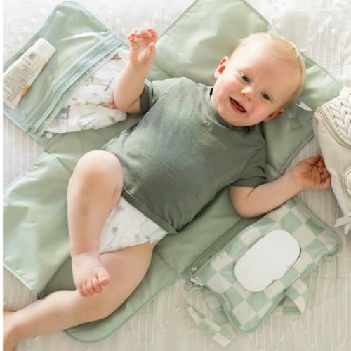 Tiny Twinkle Portable Diaper Changing Pad-Foldable Waterproof Changing Mat&Portable Changing Pad for Travel,Baby Changing Station with Smart Wipes Pocket&Storage (Sage Checkers)