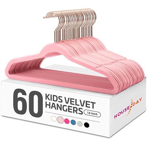 HOUSE DAY Velvet Kids Hangers 60 Pack, Premium Childrens Hangers for Closet, Ultra Thin Cute Clothes Hanger, Non Slip Felt Hangers 14 Inch, Small Hangers for Kids Clothes, Blush Pink