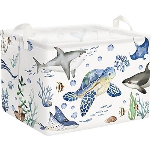 Clastyle Fish Sea Turtle Baby Basket Ocean Coral Seaweed Starfish Toy Book Shelf Basket Waterproof Pool Toy Beach Towel Storage Bin Large Dirty Clothes Laundry Hamper, Shark, 40 * 30 * 30 cm