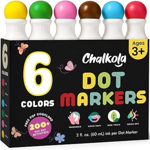 Chalkola 6 Washable Dot Markers for Toddlers 1-3 | Non Toxic Bingo Daubers for Toddlers 2-4 | Preschool, Kindergarten Paint Stamp Markers Set - Dot Art and Crafts Supplies for Kids