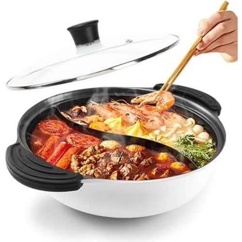 Hot Pot with Divider for Induction Cooker Dual Sided Soup Cookware Two-flavor Chinese Shabu Shabu Pot for Home Party Family Gathering, 4.5 Quart (White)