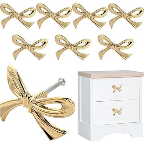 8 Pack Gold Bow Knobs - Solid Brass Bow Drawer Pulls for Dresser, Cabinets & Furniture | Decorative Bow Cabinet Handles | Bow Knobs for Drawers, Wardrobe (Antique Brass) [8PCS]