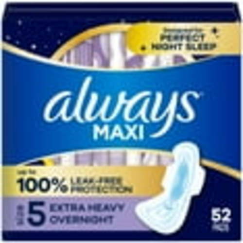 Always Maxi Overnight Pads with Wings for Women, Size 5, Extra Heavy Overnight Absorbency, Unscented, 52 Count