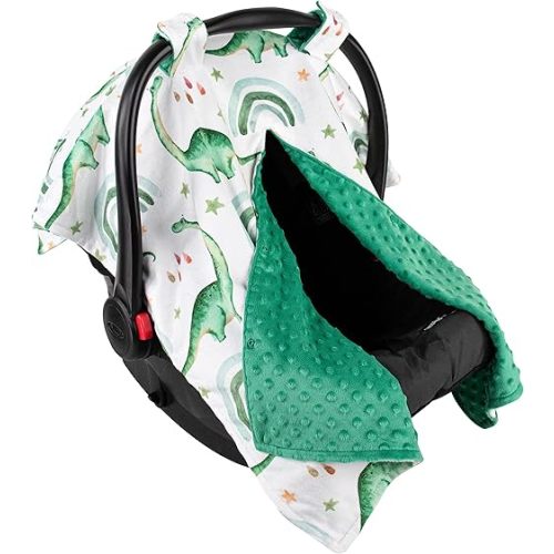Top Tots Deluxe Minky Baby Car Seat Cover - Longneck Dinosaur, 40 x 29 Inch Green