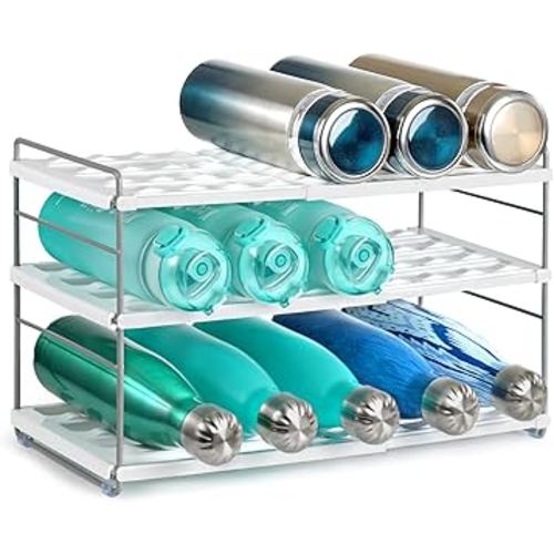 Water Bottle Organizer For Cabinet, Expandable Water Bottle Rack, Adjustable Tumbler Storage For Kitchen Organization, 3 Tier Cup Organizer For Sports Flask Insulated Mug Fridge, Black/Grey Shelf