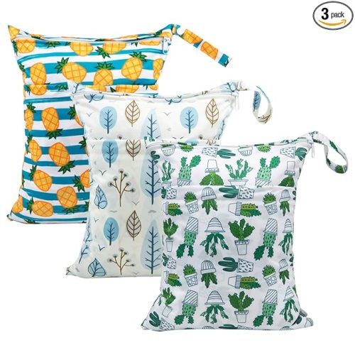 babygoal Wet Dry Bags for Baby Cloth Diapers, Washable Travel Bags, Beach, Pool, Gym Bag for Swimsuits & Wet Clothes with Two Zippered Pockets 3 Pack, 3LN05