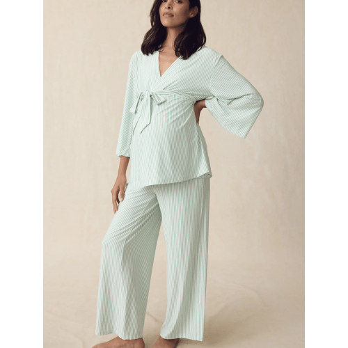 LAKE | Women | DreamModal™ Pajamas | Parisian Green Pencil Stripe Maternity Kimono Bundle