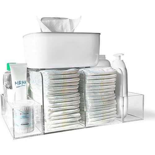 Diaper Caddy, Baby Changing Table Organizer, Detachable Clear Acrylic Diaper Storage for Wipe Dispenser, Wipe Warmer and other Diapering Essentials
