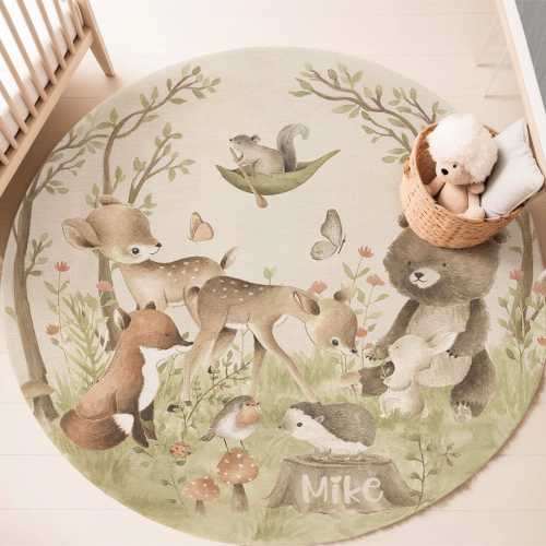 Woodland Animals Nursery Rug Forest Animal Carpet Custom Name Round Mat Baby Room Decor Kids Playroom Mat Baby Shower Gift Back To School