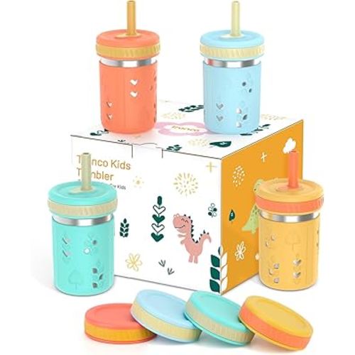 Tronco [4 Pack] 10 oz 2-in-1 Stainless Steel Kids Tumbler Cups with Silicone Sleeves, Spill-Resistant Flexible Straws & Storage Lids, BPA-Free Smoothie and Snack Cups, Dishwasher Safe