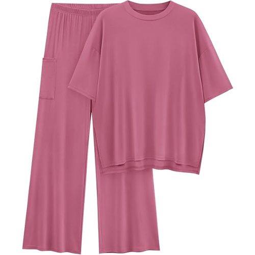 KIRUNDO Lounge Sets for Women Oversized Short Sleeve Tops & Wide Leg Pants 2 Piece Outfits Maternity Postpartum Pjs S-XL